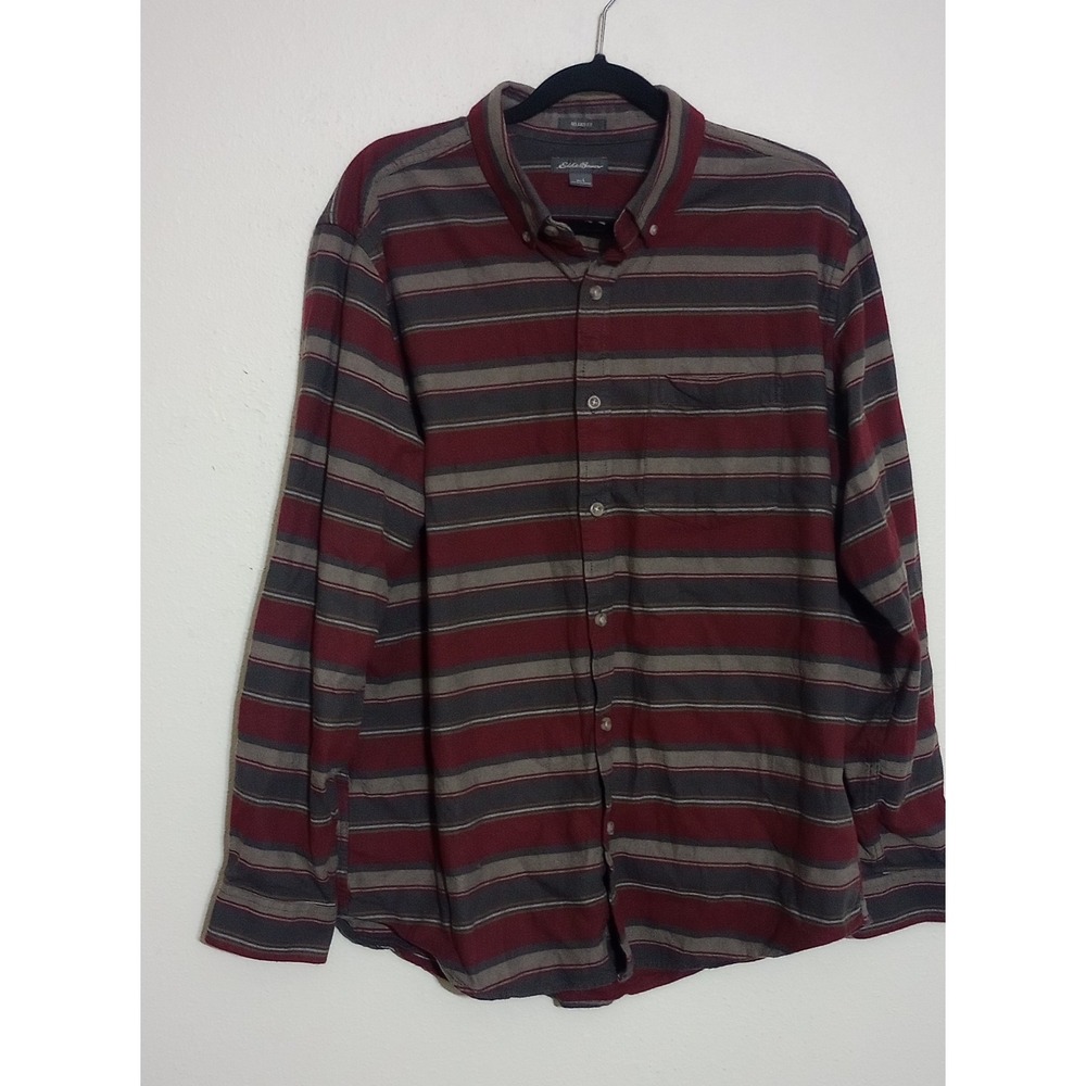 Eddie Bauer Mens Relaxed Fit Flannel Shirt Large Burgundy Grey Striped Cotton